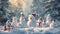 A painting of a group of snowmen standing in the snowy landscape, A winter landscape with multiple snowmen representing a cheerful