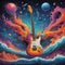 A painting of a guitar in the middle of a wave of water, colorful galaxy theme colors, album cover.