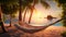 A painting of a hammock on a tropical beach