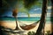 a painting of a hammock between two palm trees on a beach with a blue sky and ocean in the background