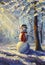 Painting happy snowman in winter forest