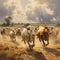 A painting of a herd of cattle running across a field