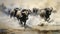 a painting of a herd of wildebeests running through water. generative ai