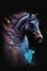 a painting of a horse with blue and pink streaks on it\\\'s face and head, with a black background and a black background