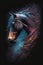 a painting of a horse\\\'s head with long manes and a blue mane with red and yellow streaks on it\\\'s head