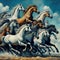 painting of horses running across a prairie, with bright blue skies and fluffy clouds
