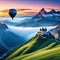 painting of hotr balloon flying over mountain range with castle on top and