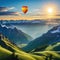 painting of hotr balloon flying over mountain range with castle on top and