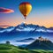 painting of hotr balloon flying over mountain range with castle on top and