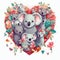 Painting illustration of a family of koalas with leaves with a heart background Generative AI