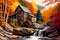 Painting illustration of Glade creek grist mill in autumn time, Humanly enhanced AI-generated