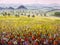 Painting Italian tuscany cypresses landscape with mountains, flowers field Artwork on canvas.