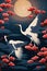 A painting of japanese cranes flying over a red background, in the style of dark