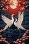 A painting of japanese cranes flying over a red background, in the style of dark