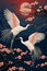 A painting of japanese cranes flying over a red background, in the style of dark