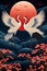 A painting of japanese cranes flying over a red background, in the style of dark