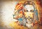 painting of Jesus with a lion, on beautiful colorful background with hint of space feeling, lion profile portrait.