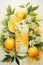 A painting of lemons and flowers in a glass. Generative AI image.