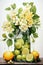 A painting of lemons and flowers in a jar. Generative AI image.