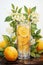 A painting of lemons and a glass of water. Generative AI image.