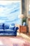 A Painting Of A Living Room With A Blue Couch. Generative AI