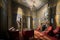 A Painting Of A Living Room With A Fire Place. Generative AI