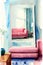 A Painting Of A Living Room With A Pink Couch. Generative AI