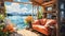 A painting of a living room with a view of a lake. Generative AI image.