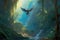 A painting of a lone bird flying through a forest