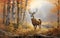Painting of a lone deer in an autumnal forest. Guardian of the woods.