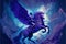 a painting of a man riding a purple horse with wings on it\\\'s back and a sword in his hand, with a sw