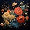 a painting with many flowers on a black background, the painting has many bright colored flowers on it