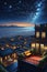 A painting of a midnight hidden rooftop, with city view, beautiful sky, stars, moon, sea, wallpaper, wallart, fantasy