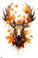 A painting of a moose with fall leaves on it's antlers. Generative AI image.