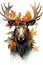 A painting of a moose with leaves on its head. Generative AI image.