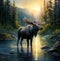 Painting of moose on the river with Shining Light