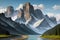 A painting of a mountain lake surrounded by snow capped mountains Wallpaper