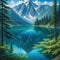 painting of mountain lake surrounded by trees