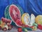 Painting oil on canvas. Still life with a watermelon, fruits and vegetables.