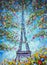 Painting oil Eiffel Tower in spring colorful flowers Spring