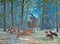 Painting oil. Hunting for a deer with hounds in an oak grove.