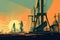 A painting of oil pumps in a field. AI generative image.