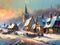 painting of an old fashioned town street covered in snow in winter with old houses and a church