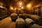 Painting of an old-fashioned wine cellar filled with containers bottles and barrels.
