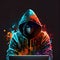 Painting, paint splatter, computer, mask, hacker, hoodie, hood, virus, background, wallpaper, generative ai