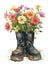 A painting of a pair of boots with flowers in them