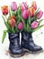 A painting of a pair of boots with tulips