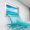 Painting with panorama of the sea from which water flows and floods the room