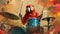 A painting of a parrot playing drums with colorful background, AI