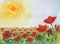 Painting pastels and watercolor on paper `Poppies and sun`